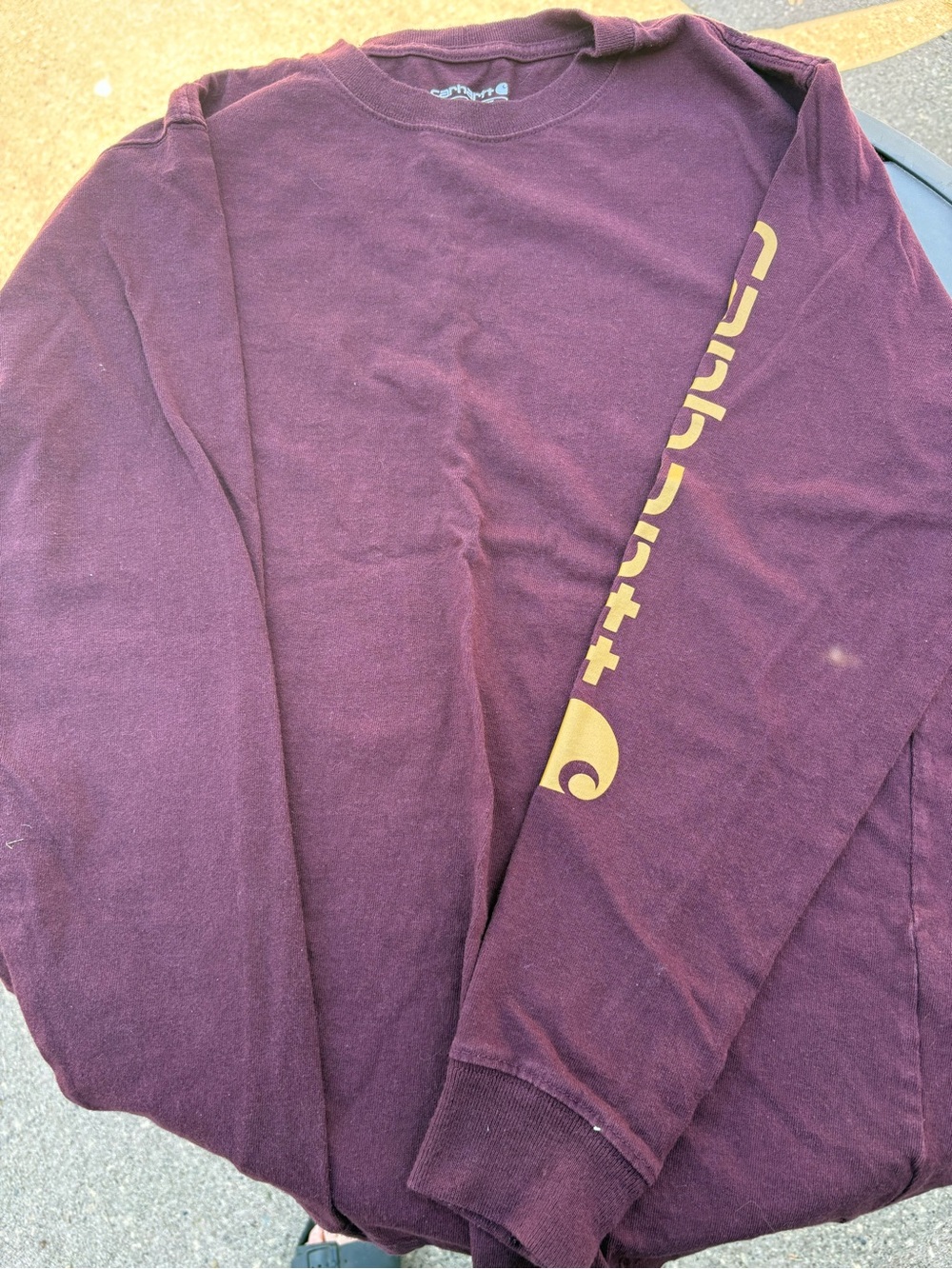 Carhartt Men's Crewneck Sweatshirt in Deep Burgundy with Gold Sleeve Logo
